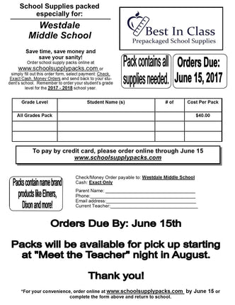 Parent Letter, School Supply Pack Sale