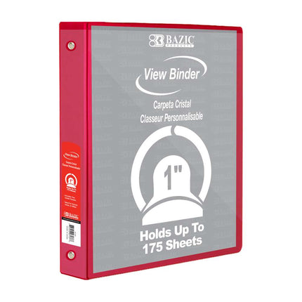 A red colored 1-Inch 3-Ring View Binder with 2 Pockets facing side ways