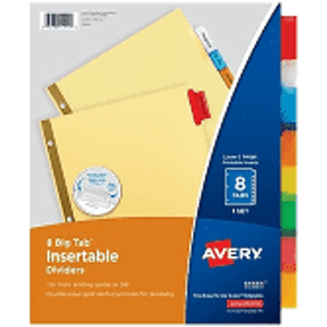 Dividers, Index, 3 ring, 8 tab, colored tabs
