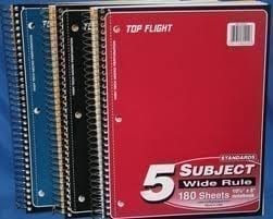 Spiral Notebook, 5 subject, Wide rule