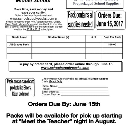 Parent Letter, School Supply Pack Sale