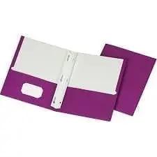 Folders, 2 pocket w/ brads prongs, purple, 12 pt thick, coated